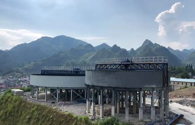 Twin thickener installation at a mountain mining site